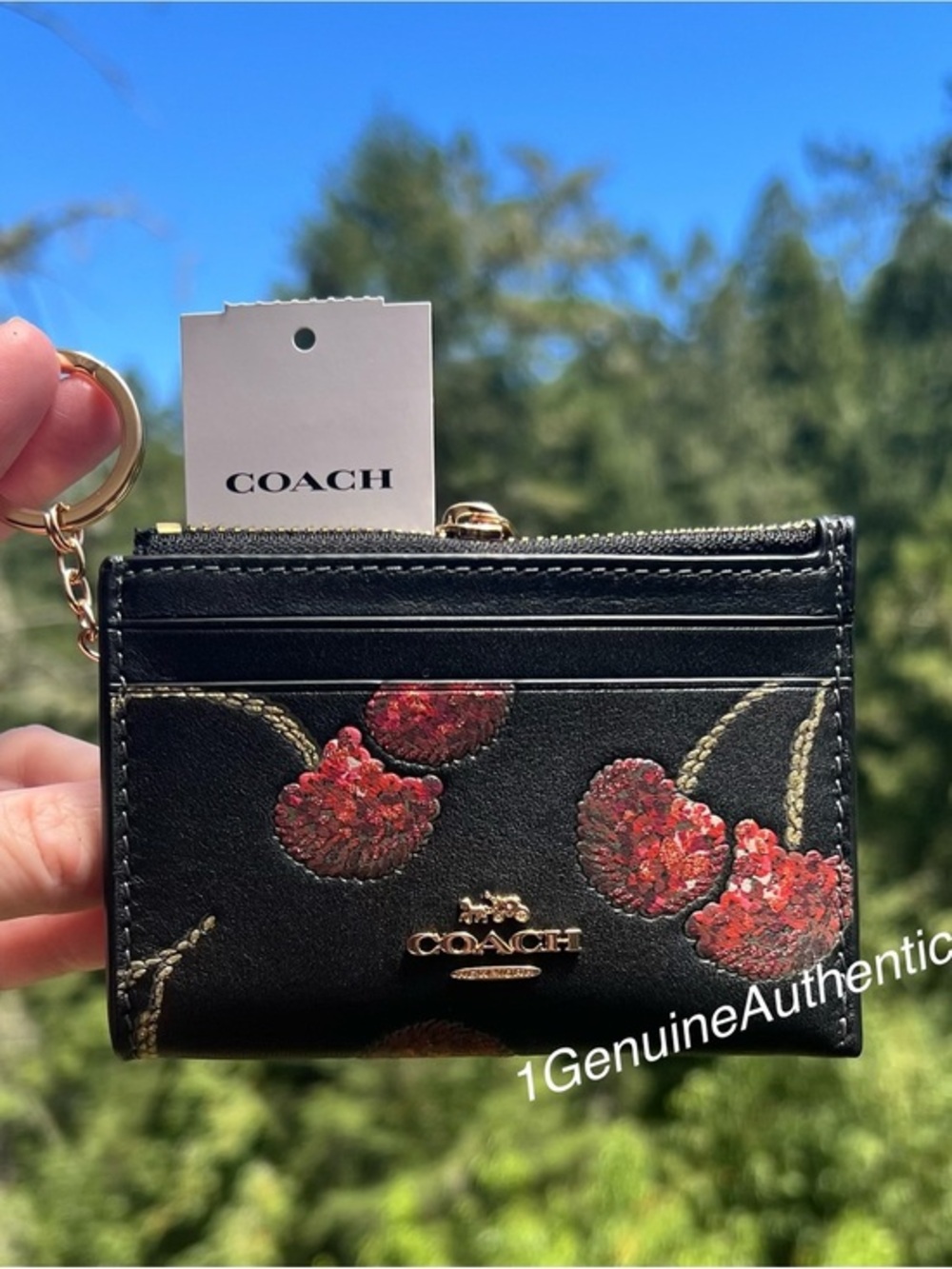 COACH Mini Skinny Id Case Cardholder Keychain Wallet w Cherry Print CDF83 NWT